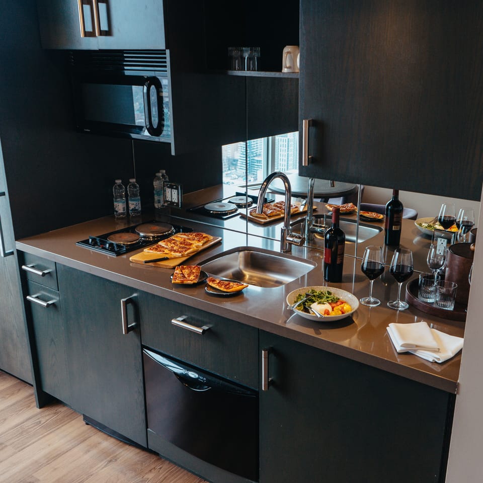 Mini-fridge, microwave, stovetop, dishwasher