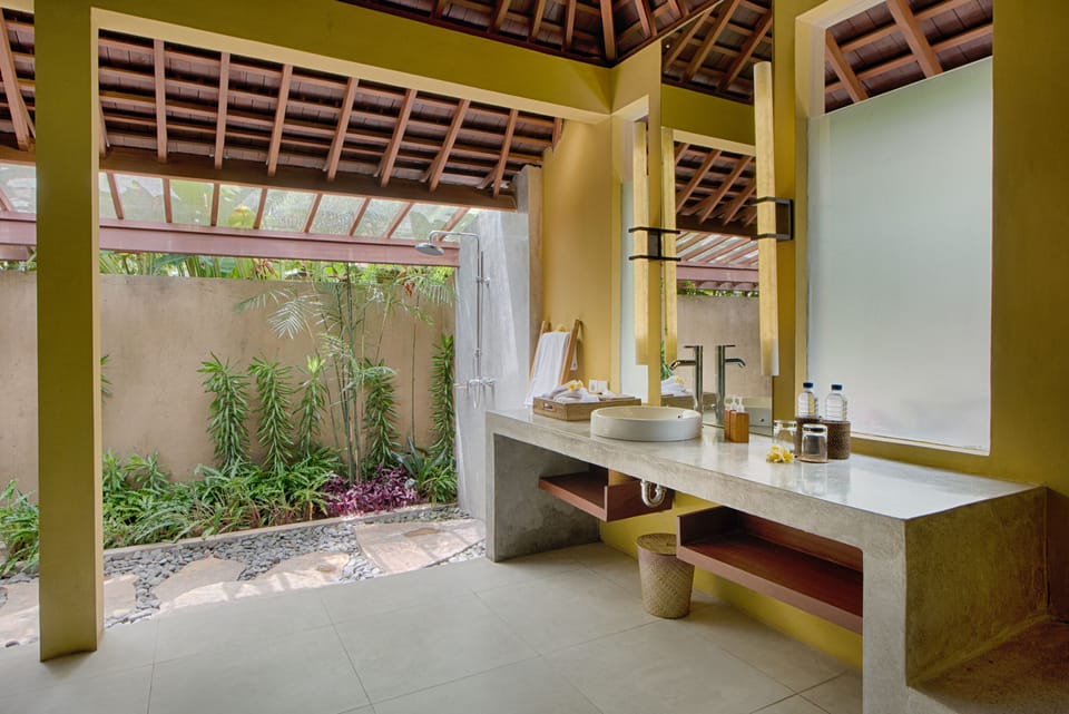 Separate tub and shower, free toiletries, hair dryer, bathrobes