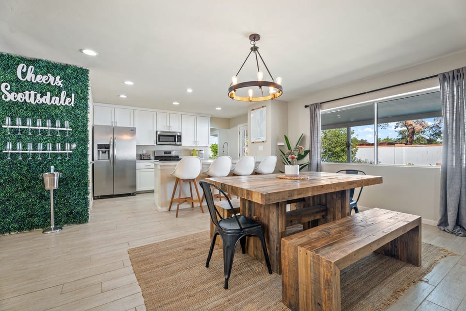 Open-concept kitchen and dining area viewed from the living room.