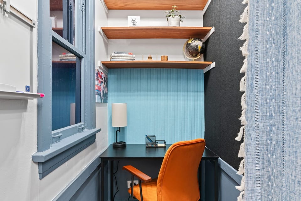 Workspace with desk and office supplies