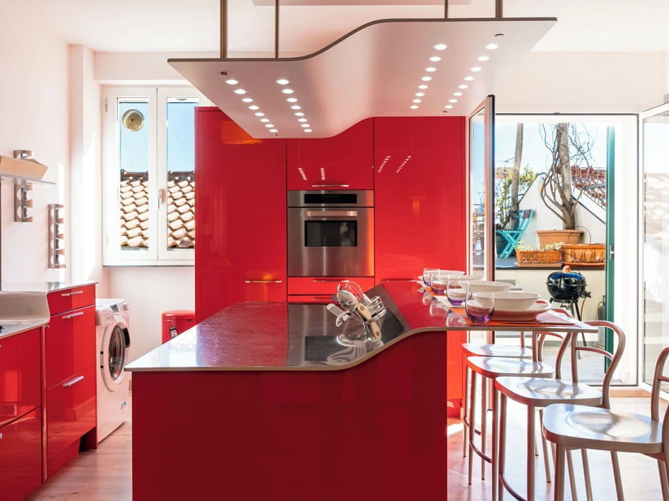 Interior Design, Red, Kitchen, Flooring, Ceiling, Furniture, Major Appliance, Countertop, Floor, Kitchen Appliance