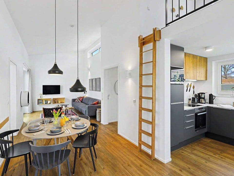 Interior Design, Flooring, Wood, Floor, Ceiling, Furniture, Room, Kitchen, Living Room, Apartment