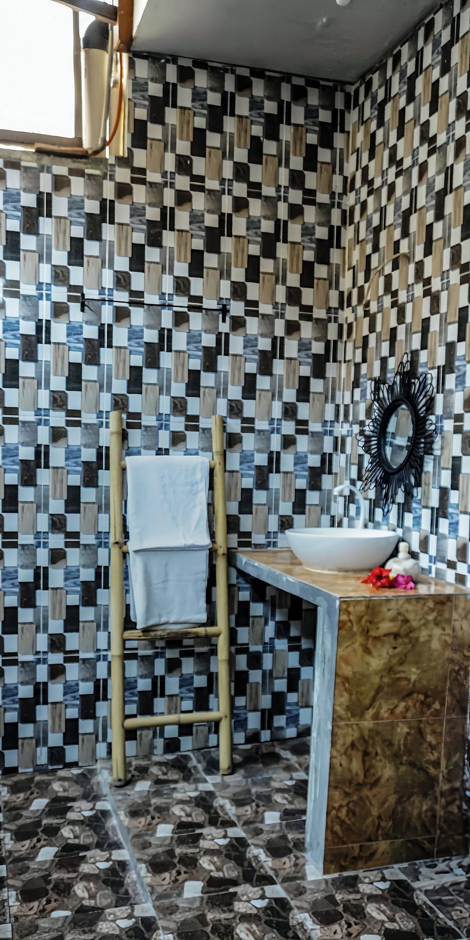 Shower, towels, soap, shampoo