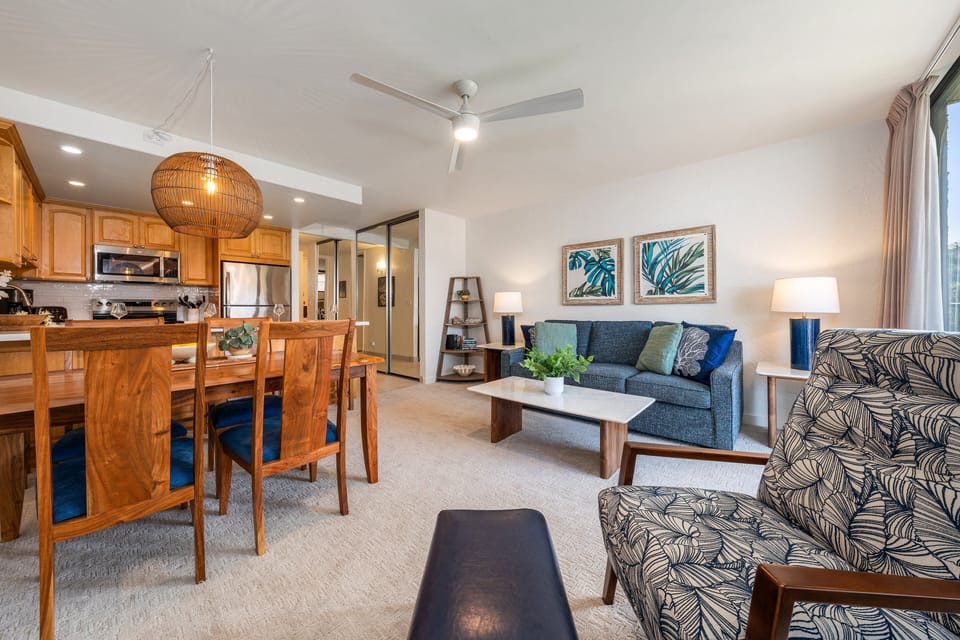 Gather in a warm, open‑concept living and dining area complete with a fully equipped kitchen.