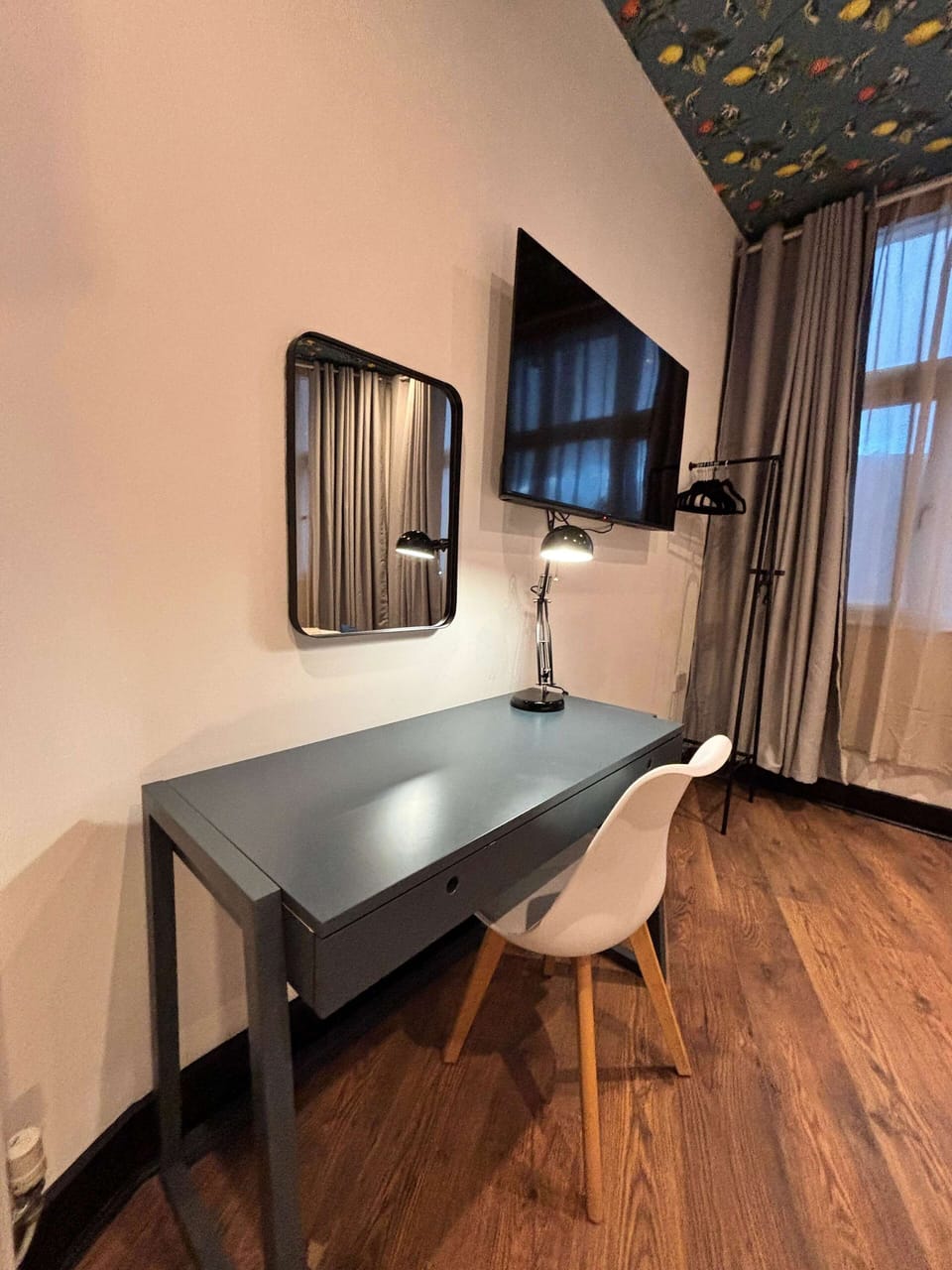 Large desk for work for getting ready with mirror and lamp