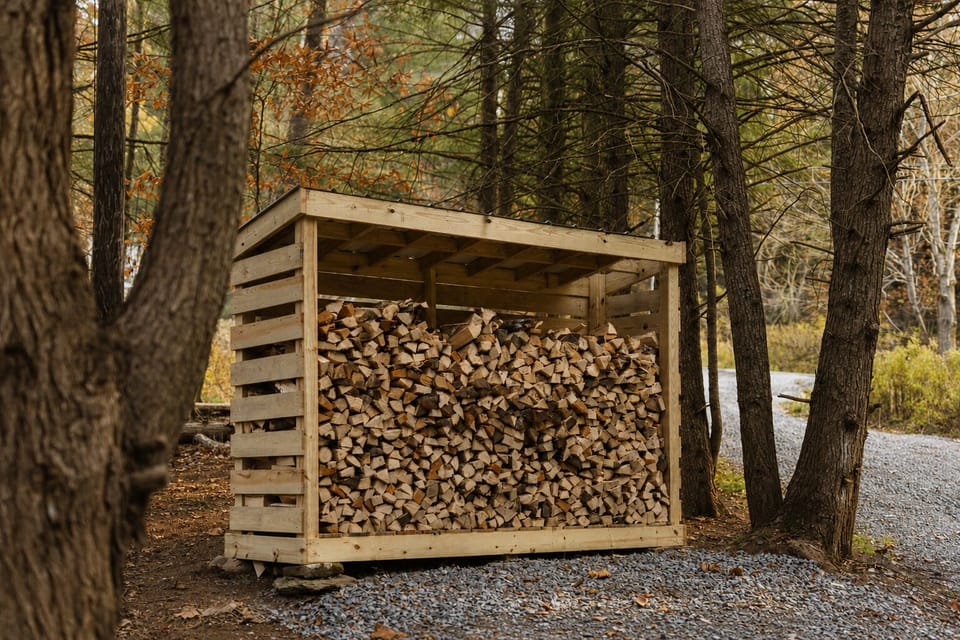 A large wooden shed holds a plentiful supply of stacked firewood for your stay in Callicoon. Firewood and fire starter kits are provided to help you build the perfect fire in the outdoor fire pit on crisp autumn evenings.