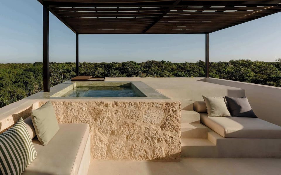 Rooftop plunge pool with sweeping jungle horizon views.