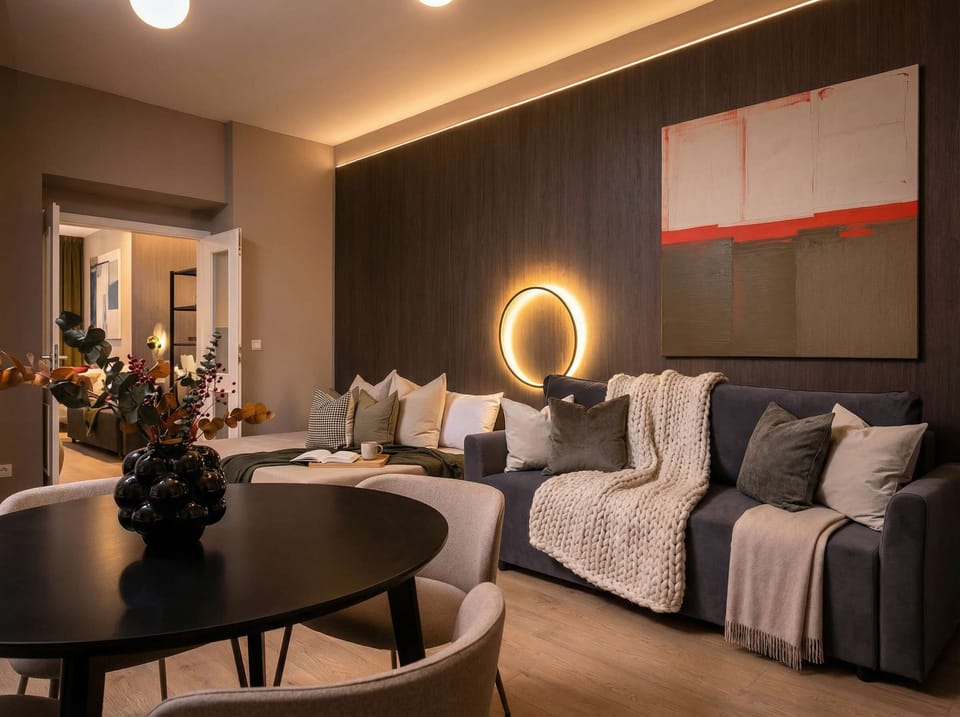 First bedroom with queen size bed, sofa bed and kitchen with dinning area