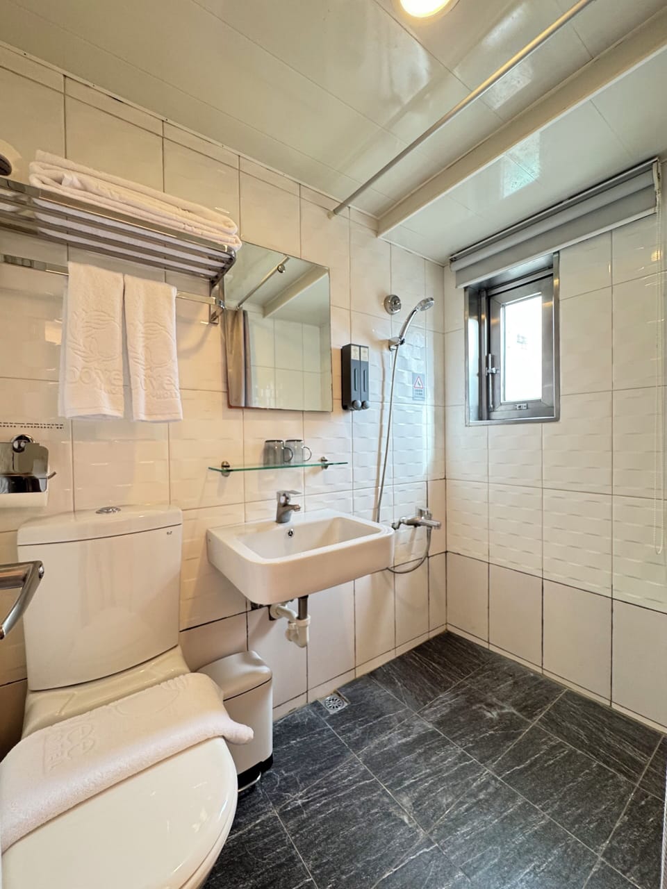 Shower, hydromassage showerhead, hair dryer, shampoo