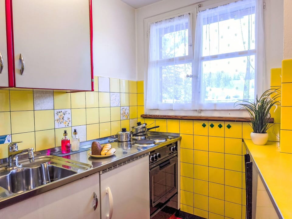 Yellow, Kitchen, Flooring, Major Appliance, Apartment, Kitchen Sink, Kitchen Appliance, Room, Countertop, Tile