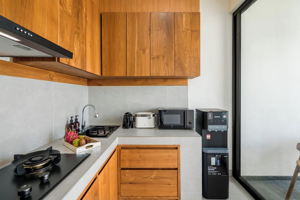 Fridge, microwave, stovetop, electric kettle