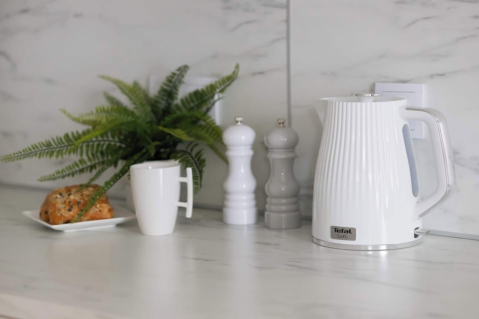 A decorative countertop arrangement with a white electric kettle and a small green plant. Light-colored surfaces enhance the clean and tidy appearance. The setup adds a cozy, home-like touch.