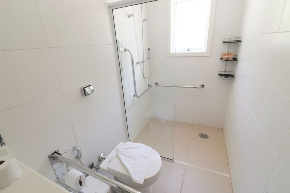 Shower, rainfall showerhead, free toiletries, hair dryer
