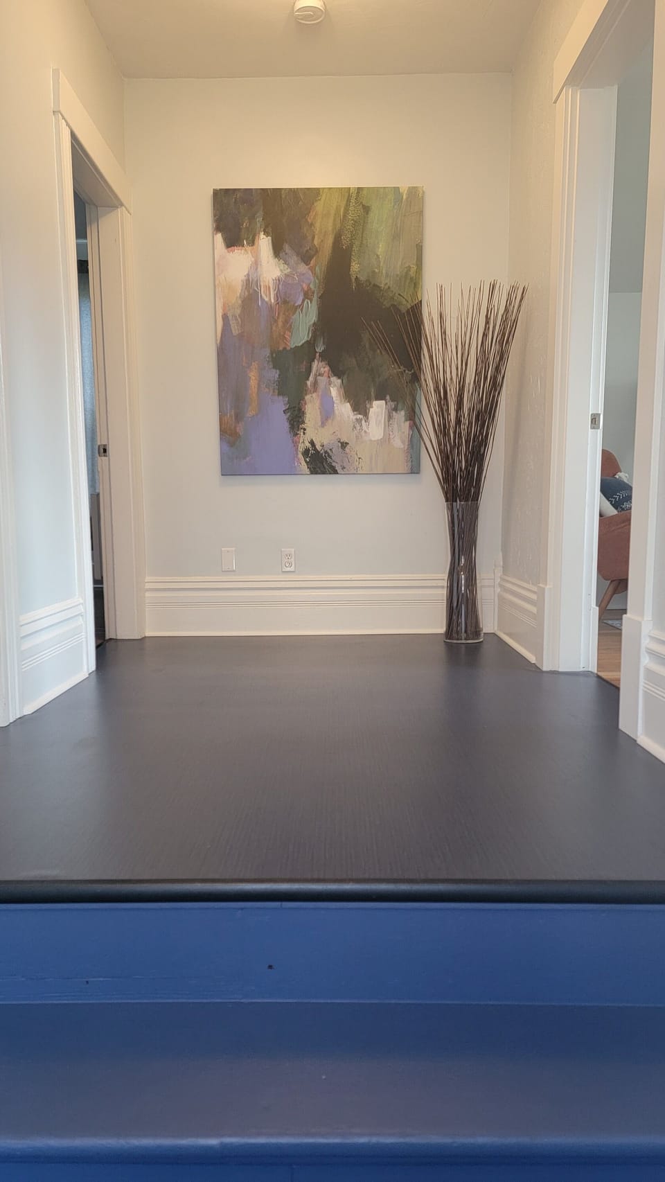 main hallway. Kitchen and bedroom & bath to the left, living room to the right. 