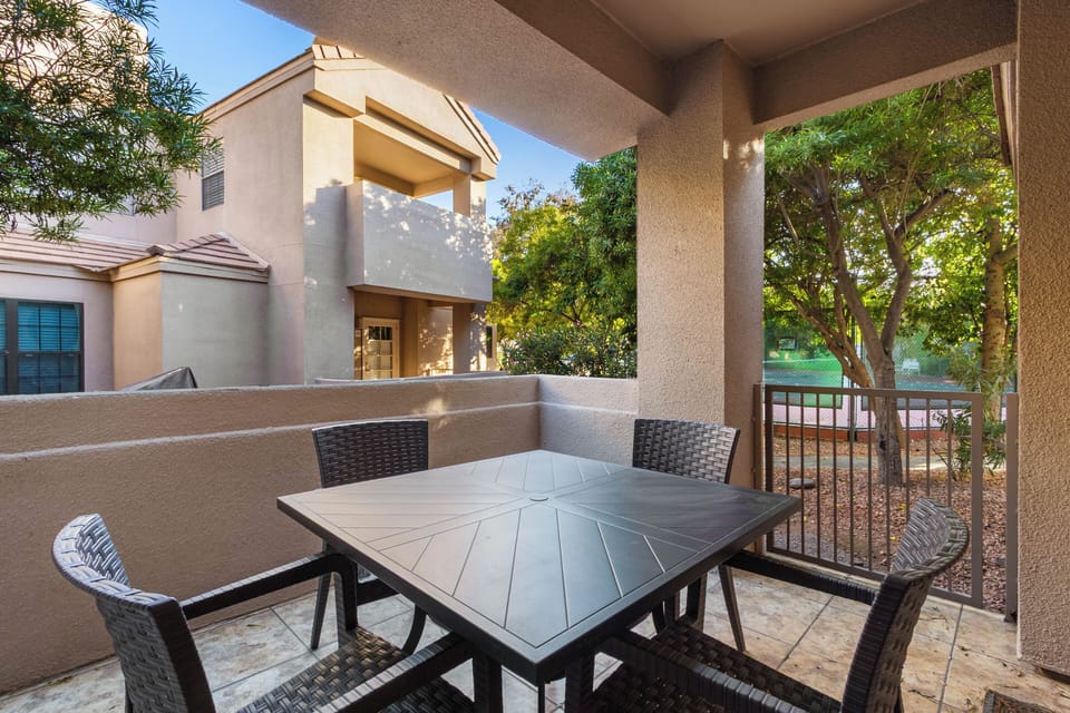 Ground Level with Patio, right next to tennis court