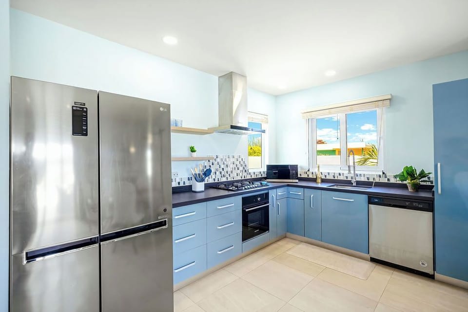 This stylish kitchen features sleek sky-blue cabinets, a modern tile backsplash, and a full suite of appliances, including a stainless-steel fridge, oven, gas stovetop, and dishwasher. A window brings in bright tropical views.