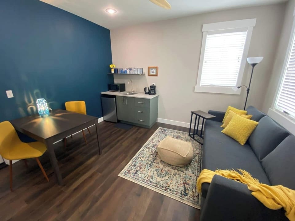 Cozy, clean, simple. This place has everything you need without overwhelming you with clutter. Table has an extension that pulls out if you need more space, kitchenette is stocked with essentials, and couch pulls out as well.