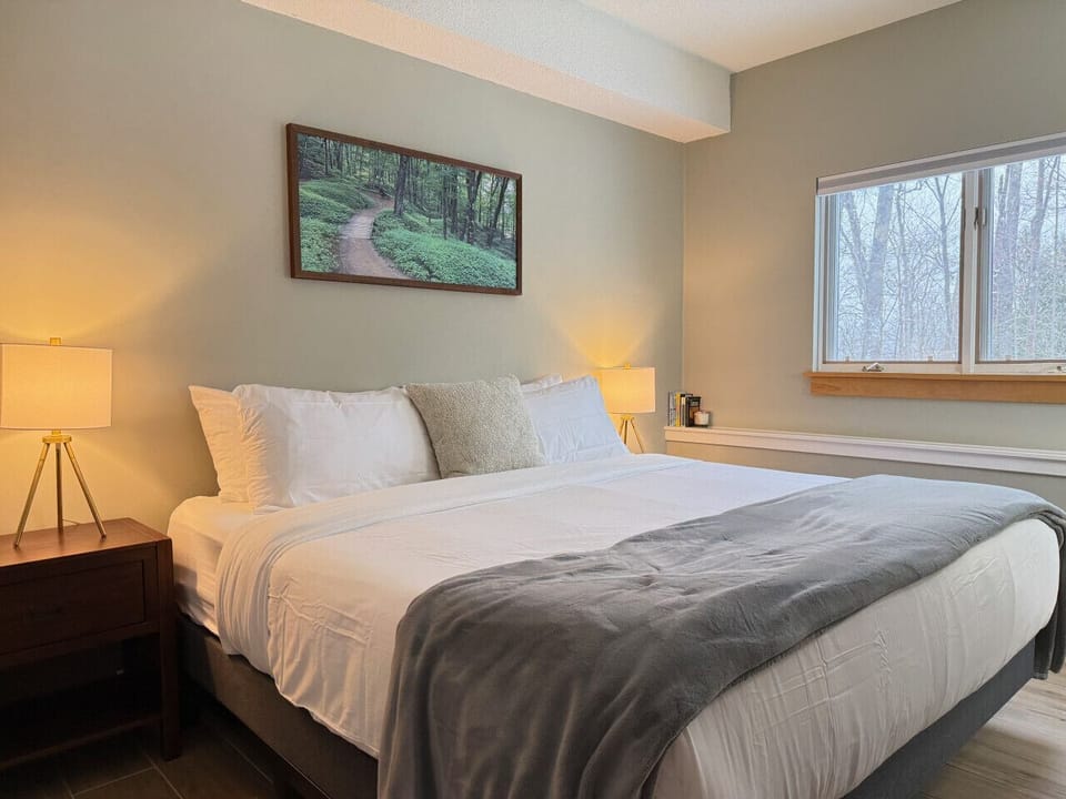 A relaxing bedroom featuring a large and cozy king-size bed.