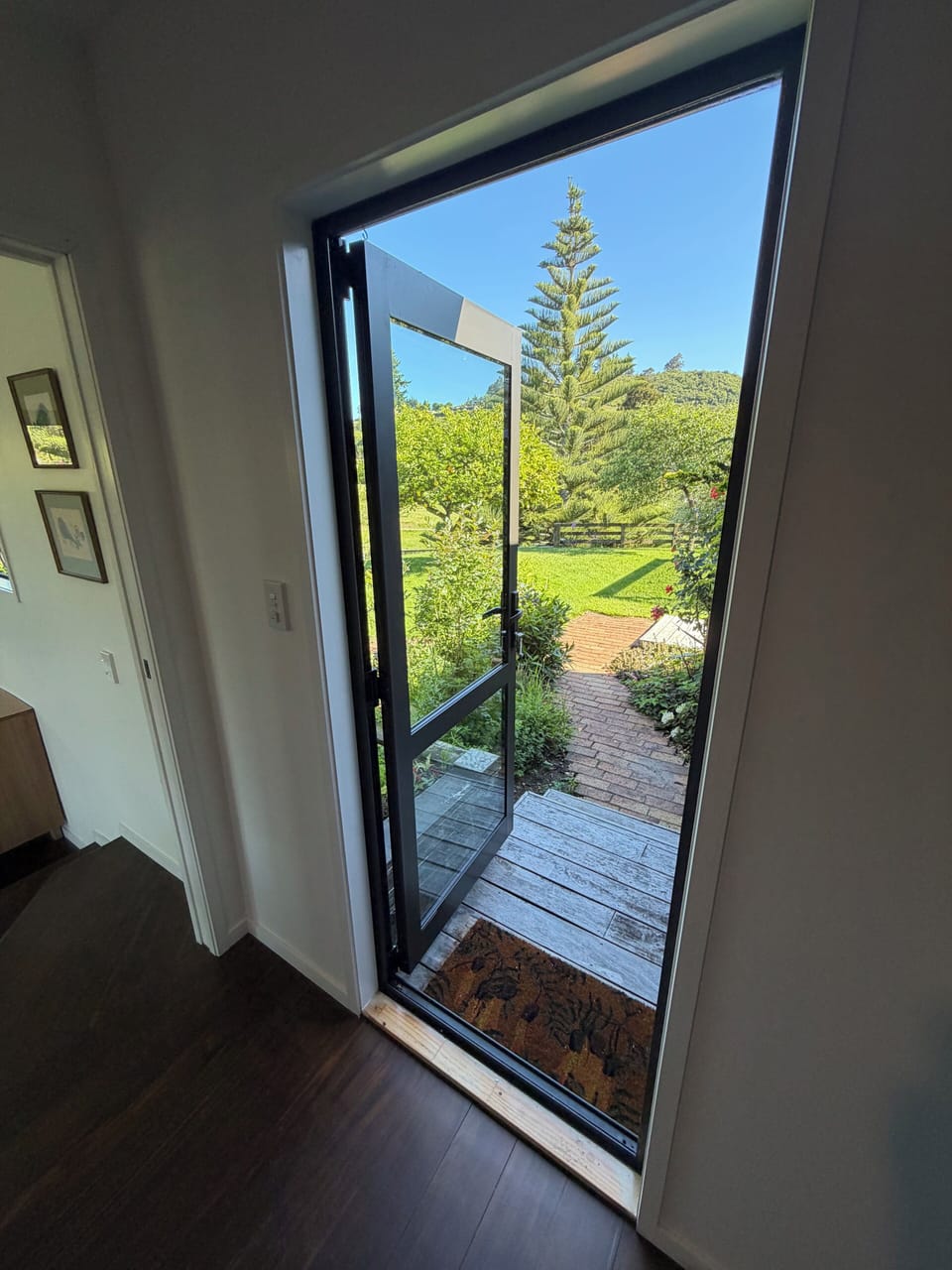 The rear door from the kitchenette