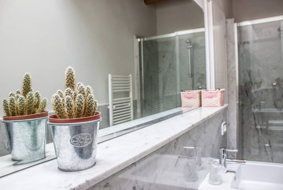 Shower, rainfall showerhead, free toiletries, hair dryer