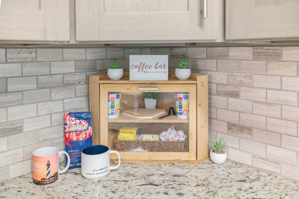 The coffee station is the heart of the home. Grab a mug, head to the lanai!
