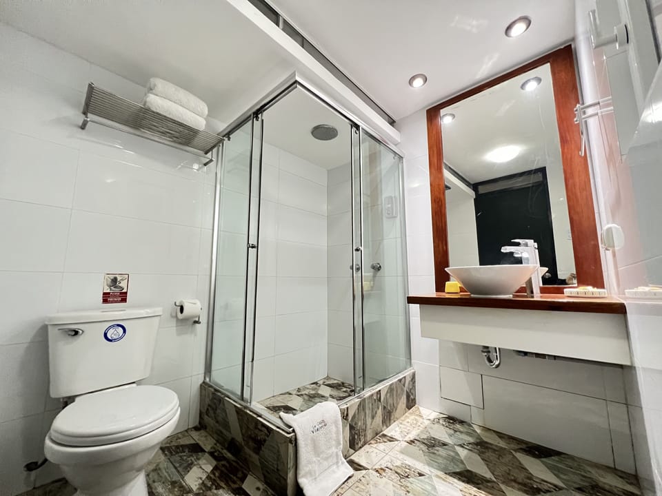 Shower, rainfall showerhead, free toiletries, hair dryer (on request)