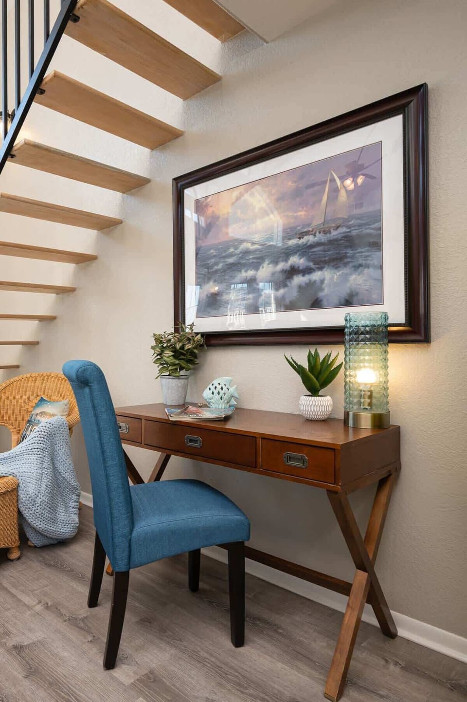 Workspace Oasis: Bright and inviting desk area, perfect for productivity with a touch of beach charm.