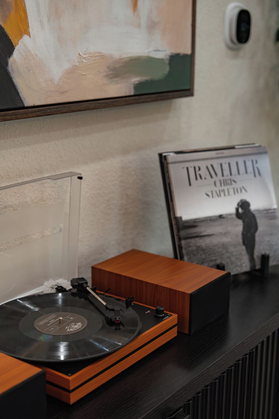 Vinyl record player corner for cozy nights in