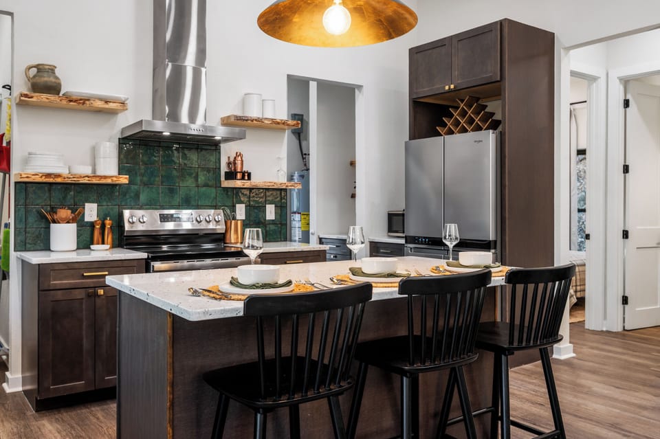 Large kitchen island with bar seating—great for gathering