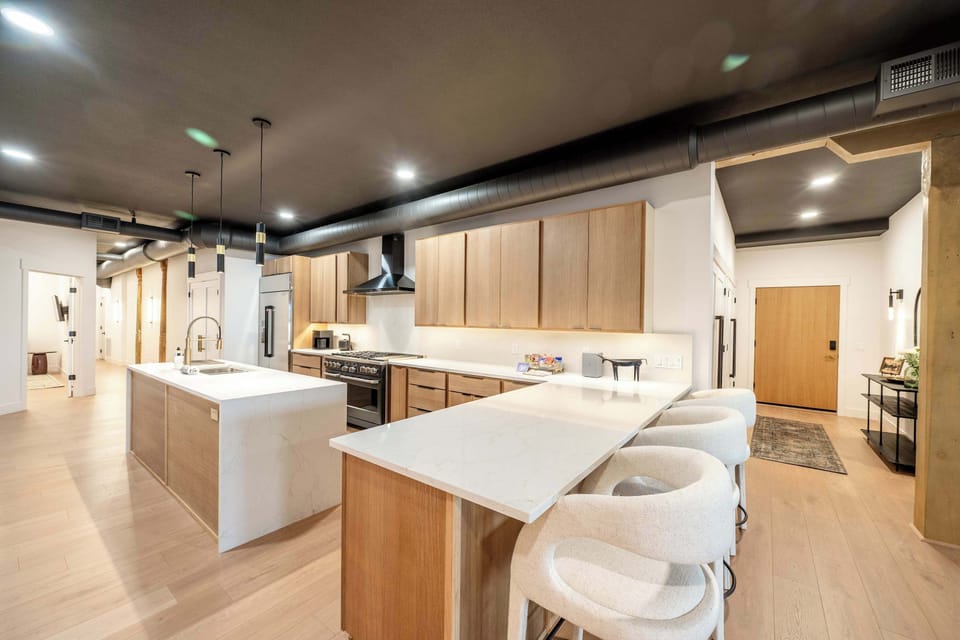 An open kitchen layout keeps everything within reach without feeling crowded.