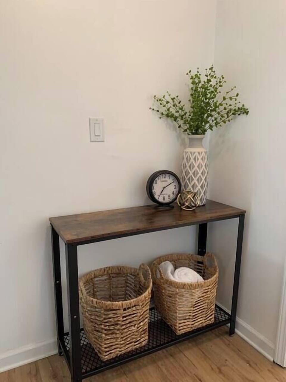 Beneath the console table, you'll find a stash of toiletries, so no need to worry about packing them.