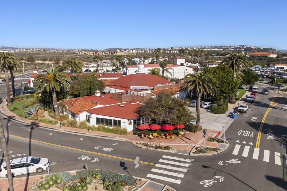 Bird’s-eye view of coastal streets, shops & palm-lined intersections