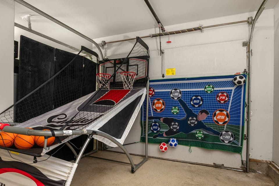 Shoot some hoops and score some goals in the game room!