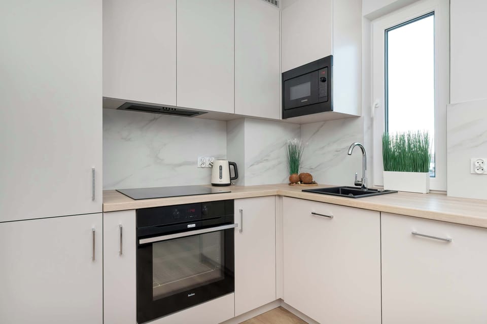Fully equipped kitchen with sleek cabinetry and appliances.