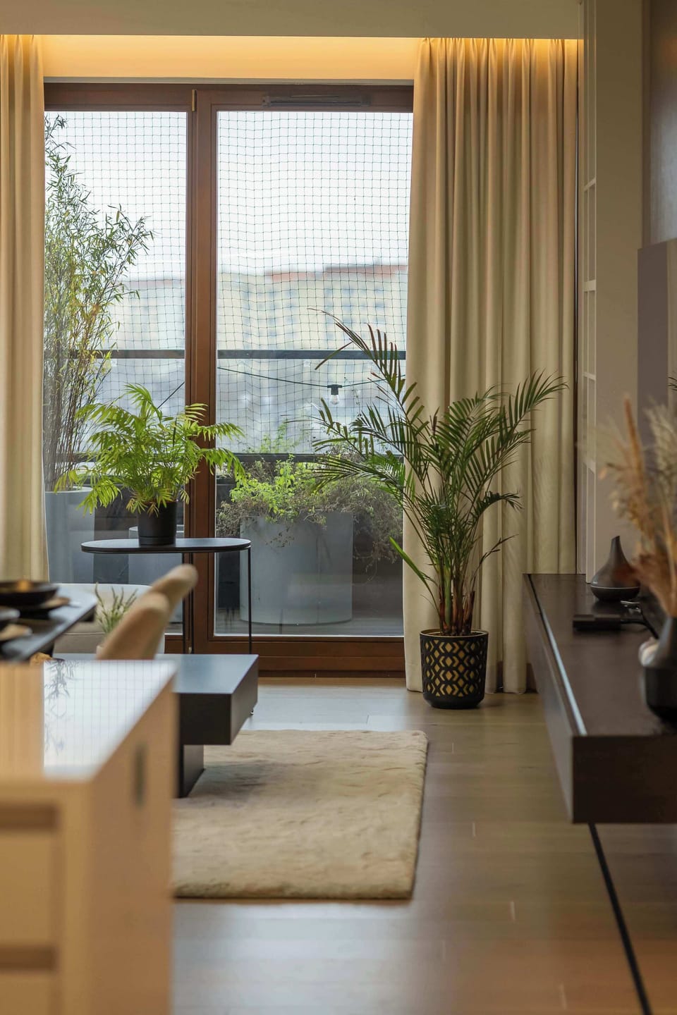 Sunlit living area with floor-to-ceiling window, natural plants and warm wooden accents.