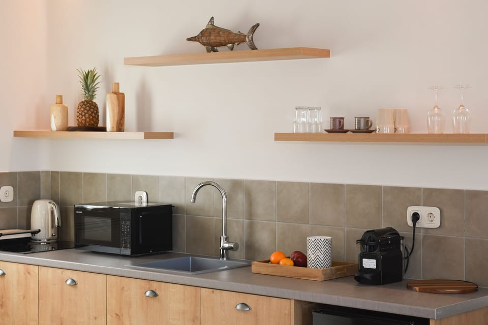 Fridge, microwave, electric kettle