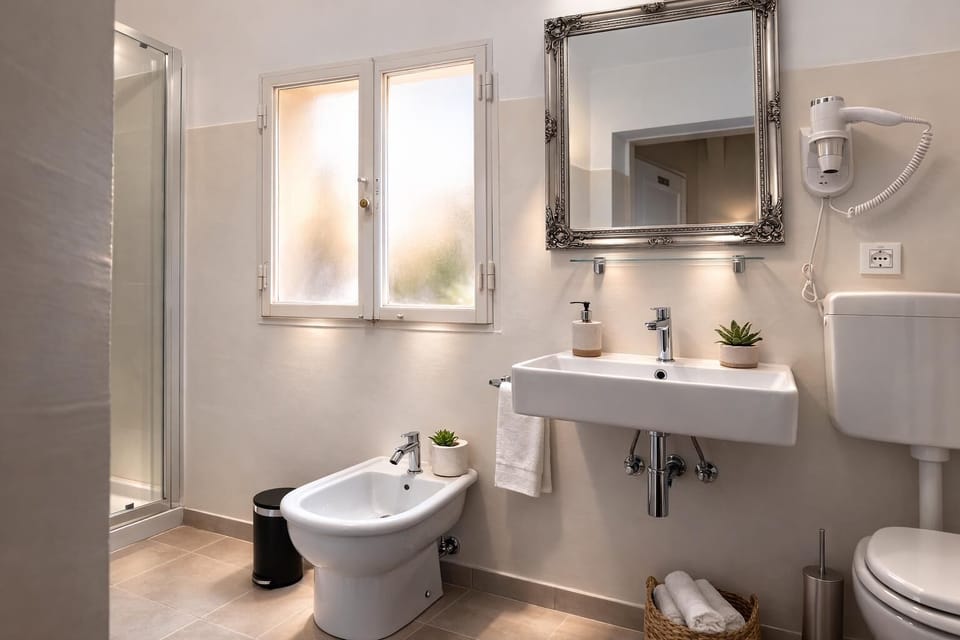 Shower, free toiletries, hair dryer, towels