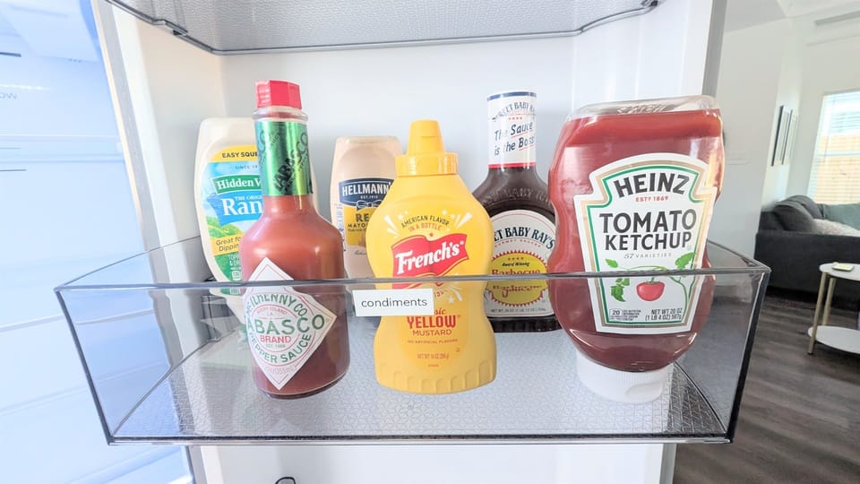 Basic condiments are provided for guest use. 