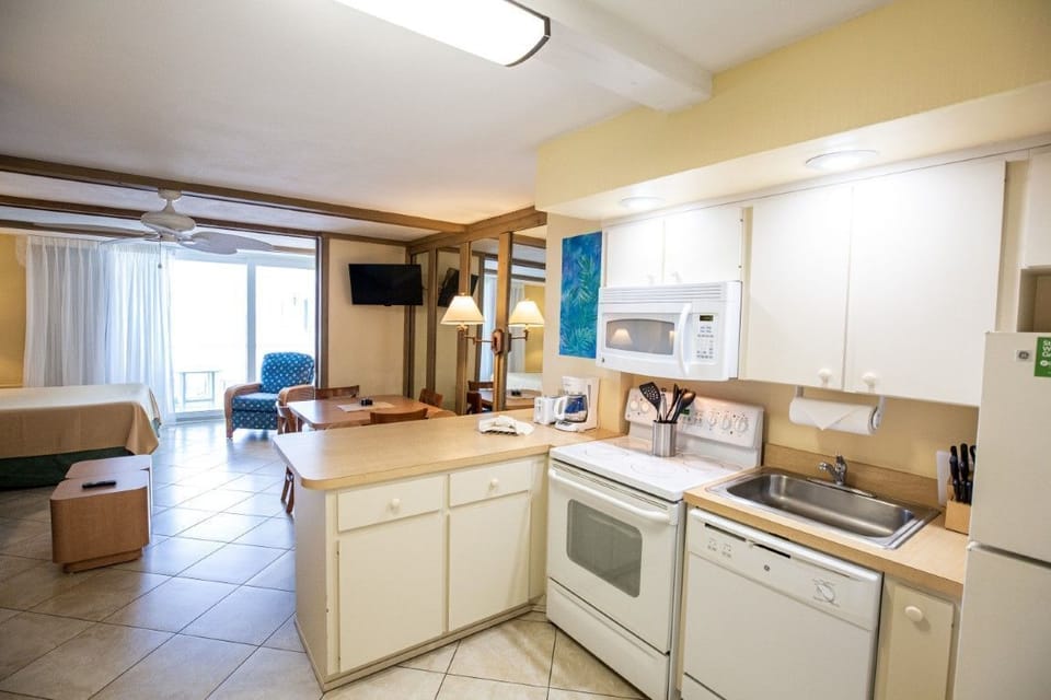 The well-equipped kitchen seamlessly integrates with the living area, offering modern amenities for culinary enthusiasts.