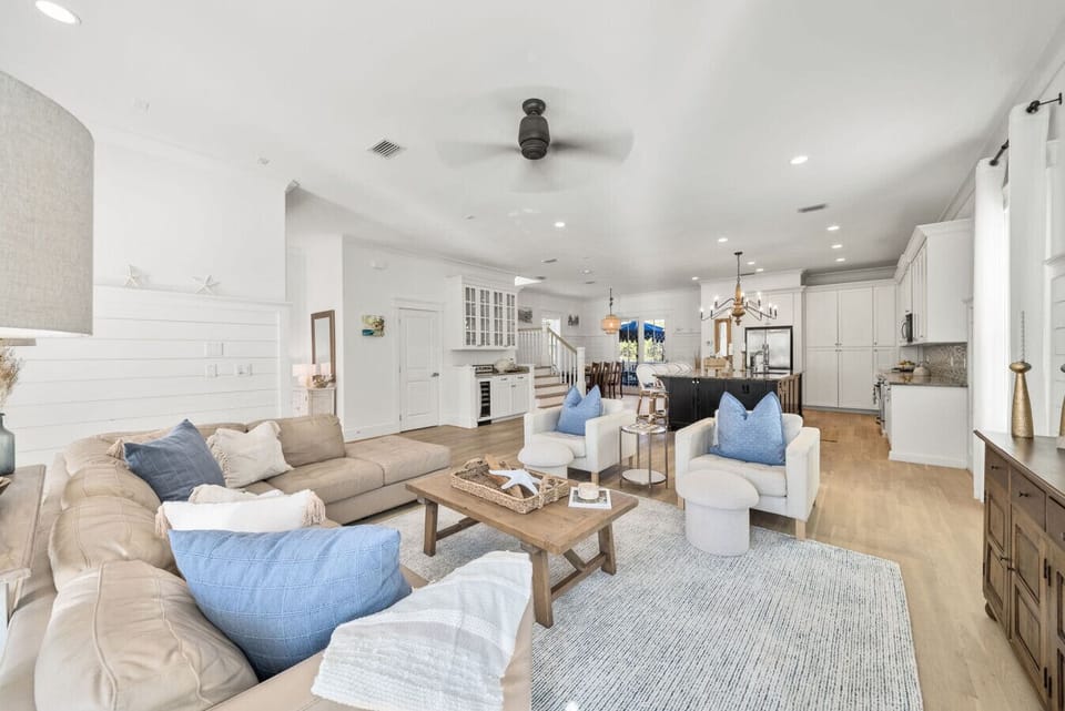 Open concept iving room and kitchen, dining area