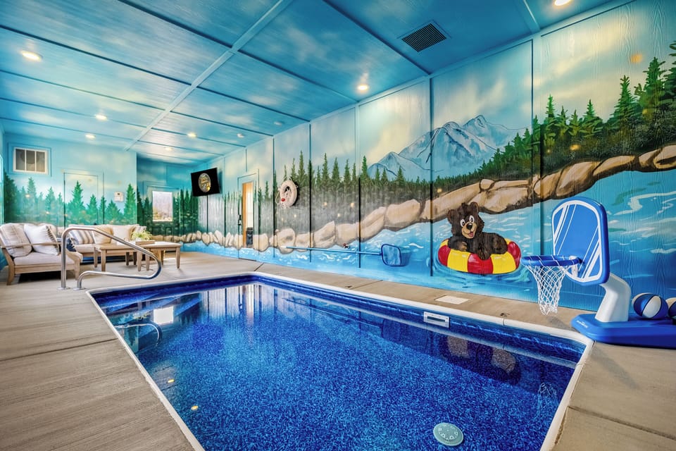 Family fun memories made here with indoor pool, pool basketball, tv & seating.