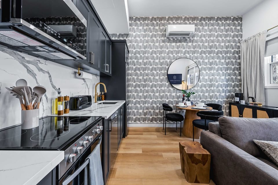 Sleek, modern kitchen with modern appliances.