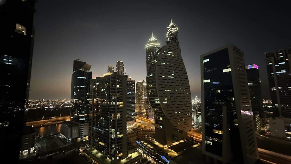 Night view of the city from the property.