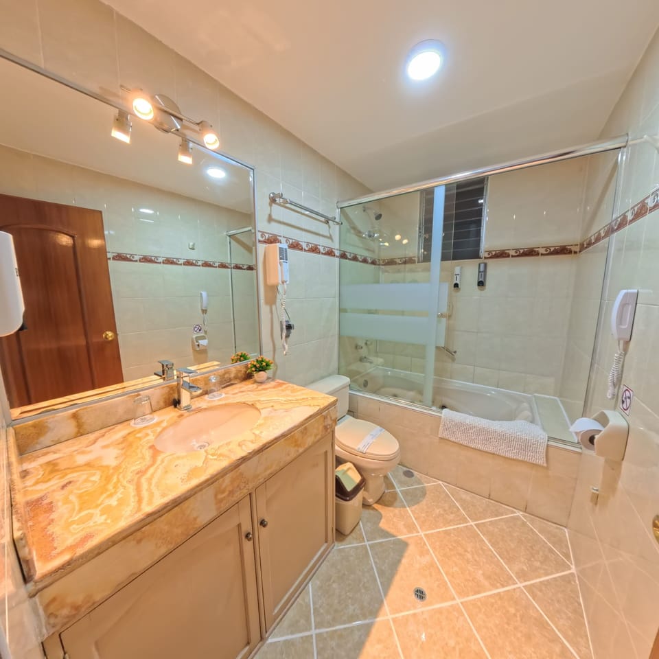 Hair dryer, towels, soap, shampoo