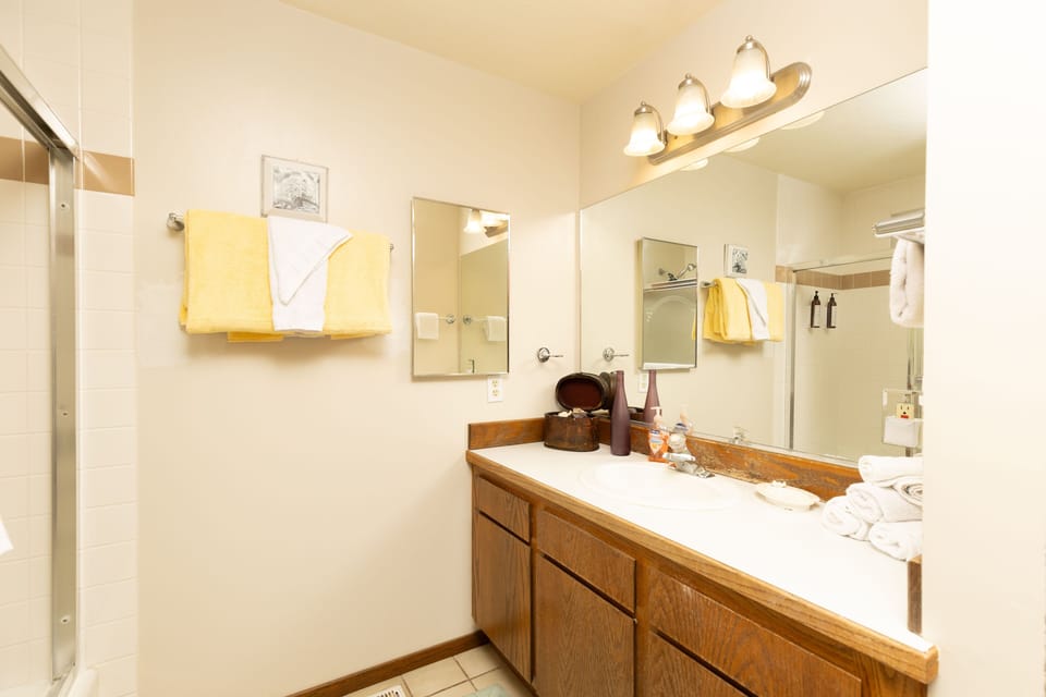 A bathroom vanity with oak-finished cabinets, white countertop, and large mirror.