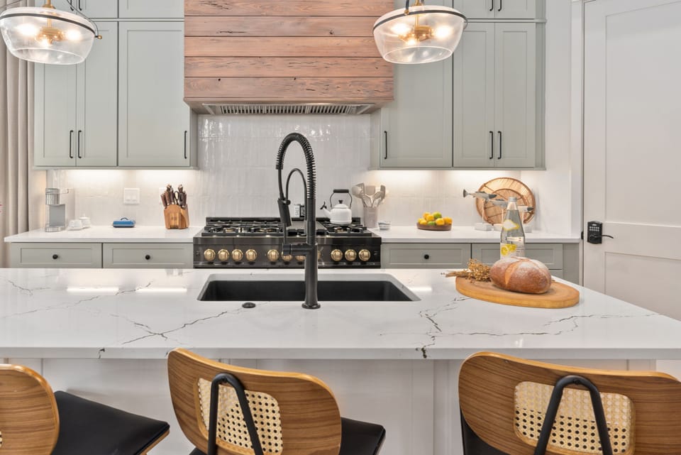 Barstool seating at the kitchen island.