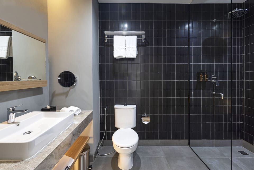 Shower, hair dryer, slippers, bidet