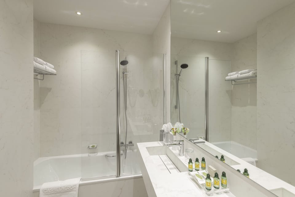 Combined shower/tub, free toiletries, hair dryer, towels