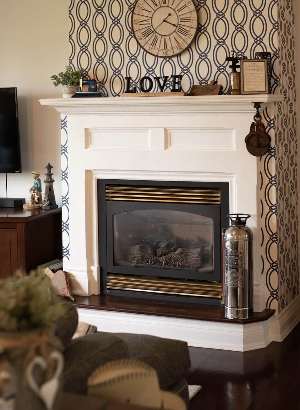 Fireplace, in the living room