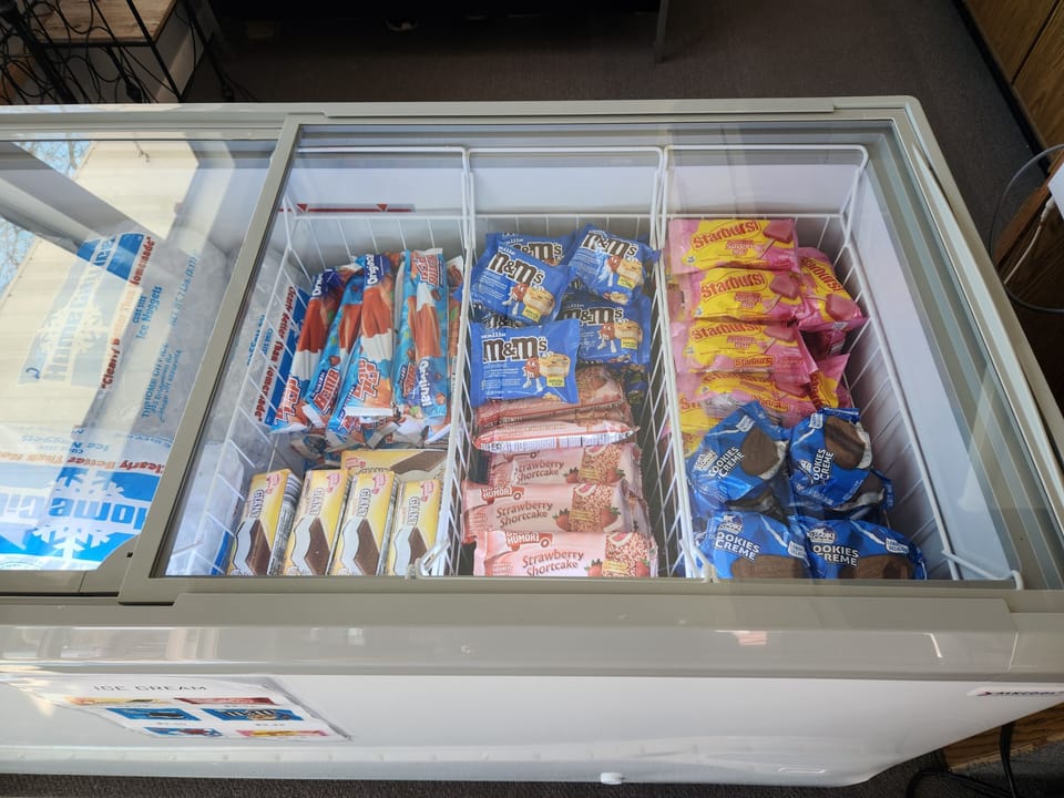 Ice cream, snacks, ice, and beverages available for purchase in marina office.